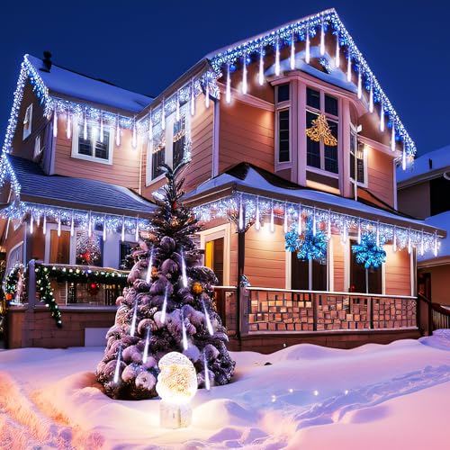 Kwaiffeo Christmas Lights Outdoor, 8 Tubes Meteor Shower Lights LED Snow Falling Icicle Cascading Light for Xmas Tree Wedd...
