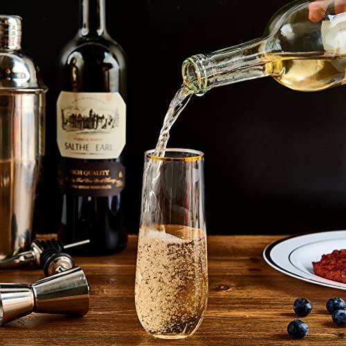 FOCUSLINE 24 Pack 9 Oz Plastic Stemless Gold Rim Champagne Flutes, Heavy Duty, Shatterproof, Disposable & Reusable Crystal...