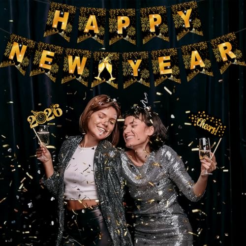 Happy New Years Banner Photo Booth Props 2026 Kits- New Years Decorations Party Suplies Decor Funny Cute Holiday Selfie Su...
