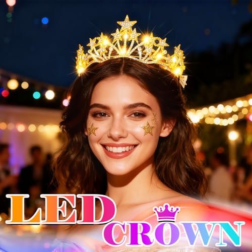 Urieo Light up Star Crown LED Crystal Tiara Headband Birthday Prom Hair Accessories for Women