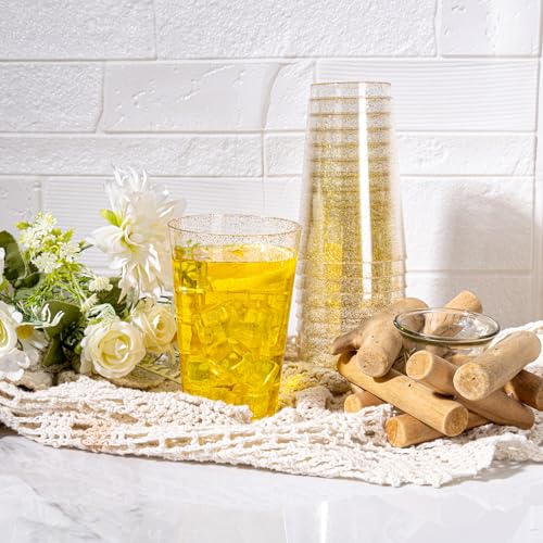 I00000 100 Pack 14 oz Gold Plastic Cups, Disposable Tumblers Gold Glitter Plastic Cups, Disposable Wine Glasses Cocktail G...