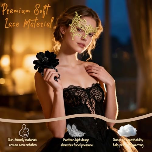 Hoshin Masquerade Mask for Women, Lace Half Face Venetian Masks with Peacock Feathers Mardi Gras Party Masks Costume