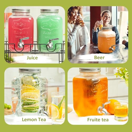 2-Pack 1-Gallon Glass Drink Dispensers for Parties - Beverage Dispenser with Stand and Stainless Steel Spigot, Lemonade & ...