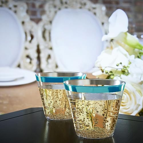 100 Teal Rimmed Plastic Cups and 1 Silver Ice Tong Set - 9 Ounce Disposable Wine Glasses - Plastic Cocktail Glasses - Fanc...