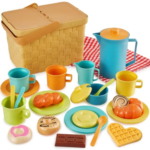 HERSITY Picnic Basket Toys for Toddlers, Kids Play Tea Sets with Teapot Tea Cup Dessert Food and Mat, Pretend Play Kitchen...