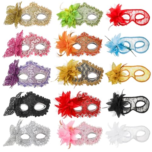 Coloch 15 Pack Masquerade Mask for Women, Vintage Venetian Masks with Ribbon Strap Half Mardi Gras Mask Fancy Carnival Mas...