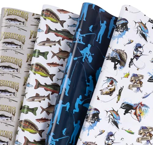 WRAPAHOLIC Fishing Wrapping Paper Sheet - 12 Sheets Folded Flat - Adventure Fishing and Fishhook 4 Design for Angler Fish ...