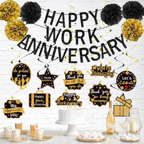 Tintisfafa Happy Work Anniversary Decorations Black Gold, Happy Anniversary Banner for Employee, Work Anniversary Workiver...