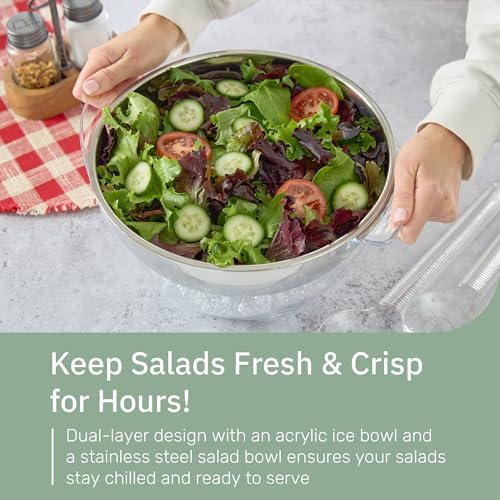 Useful Co. 5QT Salad Bowl Set on Ice - Large Salad Bowl with Lid & 2 Servers - Chilled Tray for Cold Food, Party Buffet - ...