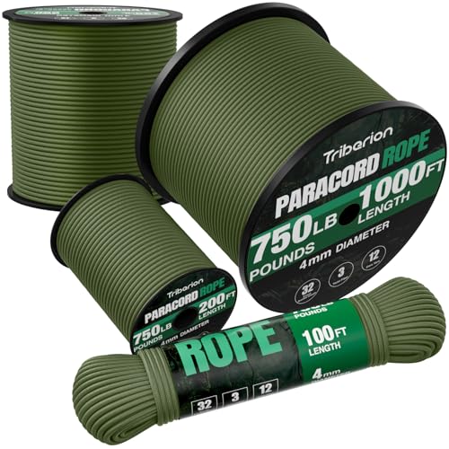 TRIBERION Paracord Rope 750 lb - 1000ft / 500ft / 200ft / 100ft 5/32" Parachute Cord 4MM 12-Strand para Cord - Heavy Duty ...