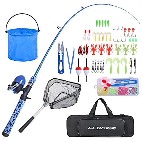 LEOFISHING Kids Fishing Pole Set with Full Starter Kits Portable Telescopic Fishing Rod and Spincast Reel with a Fishing N...
