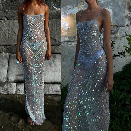 Eofnengsohio Women's Sequin Sheer Maxi Dress Spaghetti Straps Backless Slit Sparkle See-Through Mesh for Beach Clubwear