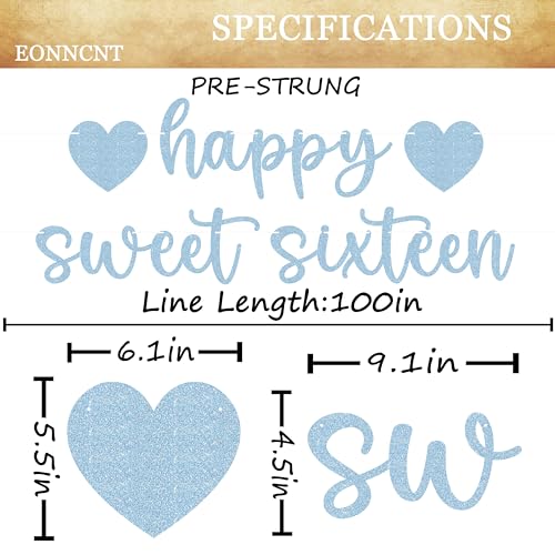 Pre-strung Happy Sweet Sixteen Banner - Light Blue Glitter 16th Birthday Party Decorations & Decor, Photo Booth Props