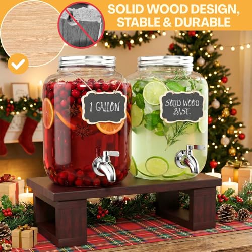 2Pack Large Drink Dispensers for Parties, Glass Beverage Dispenser with Solid Wood Stand, 1 Gallon Water Drink Dispenser w...