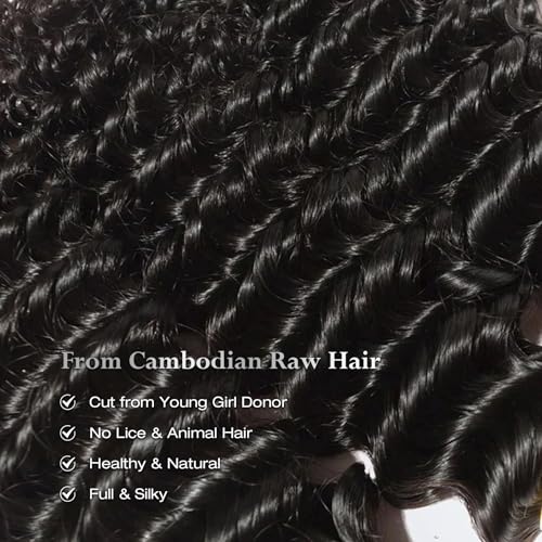 ASHINE Human Hair Bundle Deep Wave Unprocessed Cambodian Raw Hair 22 Inch, Flip Over Quick Weave Wet and Wave Bundles for Women Natural Black