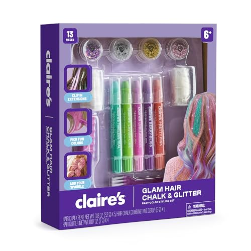 Claire's Hair Chalk & Glitter Styling Kit, 13-Piece Temporary Hair Color Set with Washable Chalk Pens, Glitter Gels, Clip-...