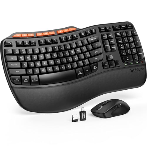 Ergonomic Wireless Keyboard and Mouse Combo, 2.4G Full Size Wave Key Board with Cushioned Palm Rest, Natural Typing, 3 DPI...