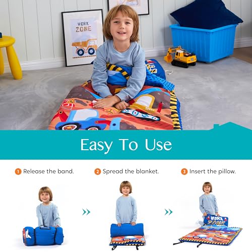 JOIEDOMI Toddler Sleeping Bag for Kids 55''x30'' Nap Mat with Removable Pillow and Minky Blanket for Toddler Ages 3-7 Roll...