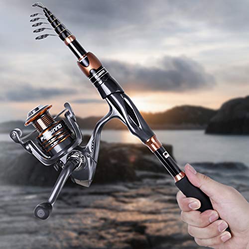 PLUSINNO Fishing Rod and Reel Combos, Bronze Warrior Toray IM6 Carbon Matrix Telescopic Fishing Rod Pole, 12 +1 Shielded B...
