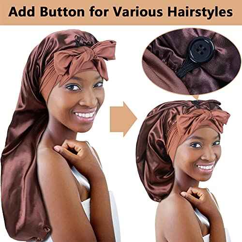 2pcs Long Satin Bonnets with Tie Band, Large Braid Bonnet Silky Hair Cap for Locs Women Sleeping, E