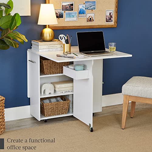 Best Choice Products Folding Dining Table, Multipurpose Space Saving Collapsible Drop Leaf Extension Desk w/Wheels, 3 Stor...