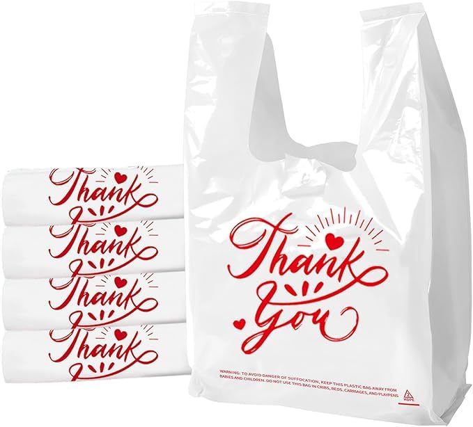 TGEONIX 300 Pack Upgraded White Thank You T-Shirt Bags - 11.5"x6.5"x21" Reusable Grocery Bags with Handles, Eco-Friendly Retail Packaging for Supermarket & Small Business
