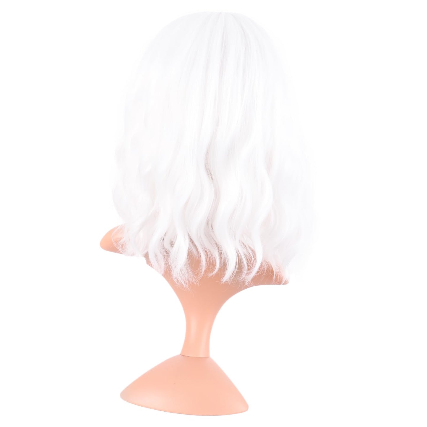 MapofBeauty Short Wavy Curly Bob Wig, 14 Inch, High Temperature Fiber, White, with Flat Bangs