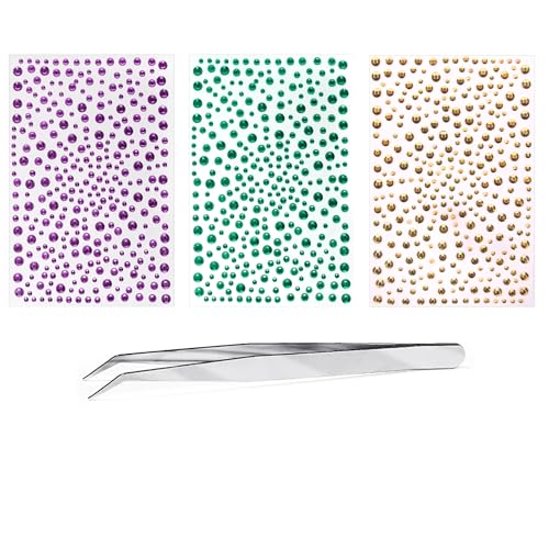 Mardi Gras Face Gems Self-Adhesive Face Jewels Stickers for Makeup, Green Purple Gold Festival Glitter for Mardi Gras Rave...