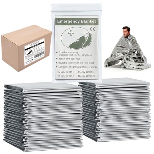 MIXIAO Emergency Foil Thermal Blanket (Pack of 25), 210 x 160 cm (82" x 63") Emergency shelter Survival Reflective Blanket...