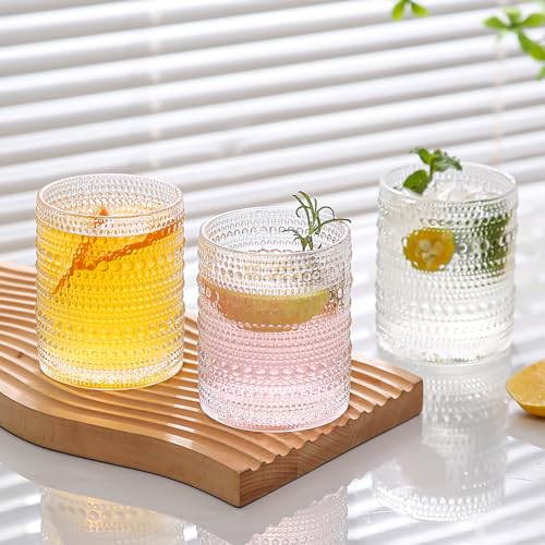 Amyoole 12oz Hobnail Drinking Glasses Set of 6,Clear Vintage Glassware Embossed Water Tumbler,Cocktail Glass Cups for Bee...