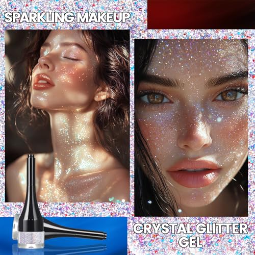 HOSAILY Holographic Red White and Blue Face Glitter Gel, 4th of July Accessories for Women Kids, Long Lasting Waterproof S...