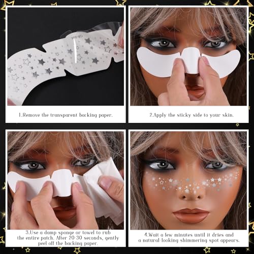 12 Pcs Silver Makeup Patches, Body Face Glitter Freckle Tattoos Glow Up Cosmetic Cute Glitter Makeup Accessories for Hallo...