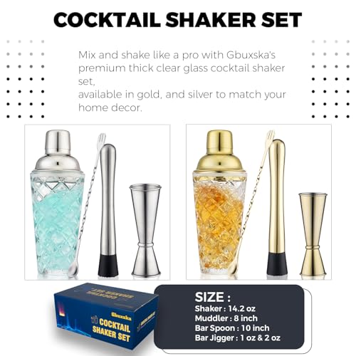 Gbuxska Gold Cocktail Shaker Set - Premium Glass Bartender Kit with Measuring Jigger, Mixing Spoon, and Muddler
