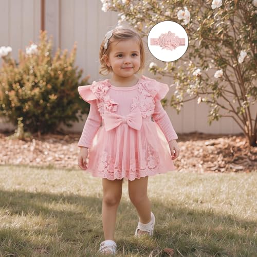 Baby Girl Romper Dress Lace Flowers Baby Dress Romper Infant Fall Winter Festival Clothes with Bow Headband