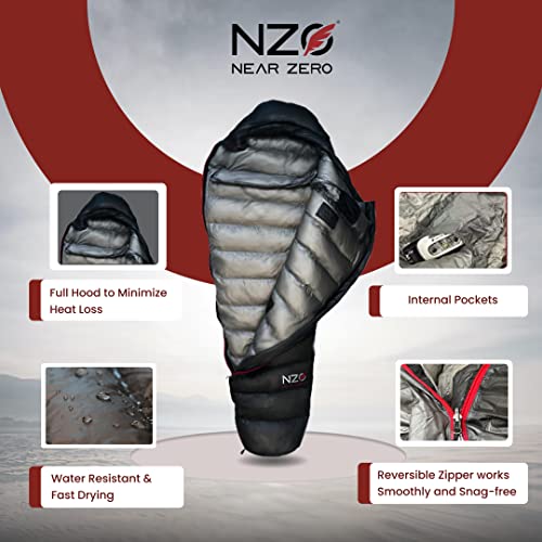 NEAR ZERO 18°F 850+ Power Down Fill Mummy Sleeping Bag for Adults | Ultralight, All Season, Backpacking Sleeping Bag for H...