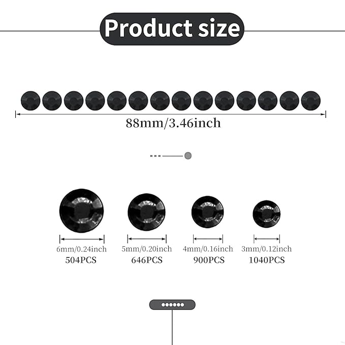 Black Face Gems Eye Jewels Rhinestones Crystals Stickers 3/4/5/6mm with Rhinestones Stickers for Face, Stick on Body Jewels Makeup Glue for Face Eye Hair Nails Make up and Craft Decor 3090PCS