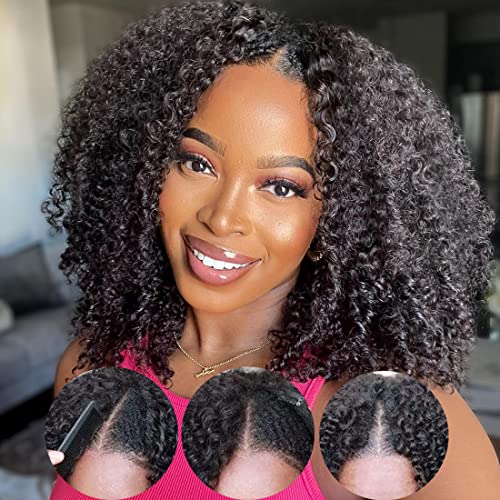 Nadula V Part Wig Kinky Curly Human Hair No Leave Out Glueless Upgraded U Part Wigs for Women,10A Malaysian Afro Curly V-part Wigs V Shape Clip in Half Wig Beginner Friendly 150% Density 14inch