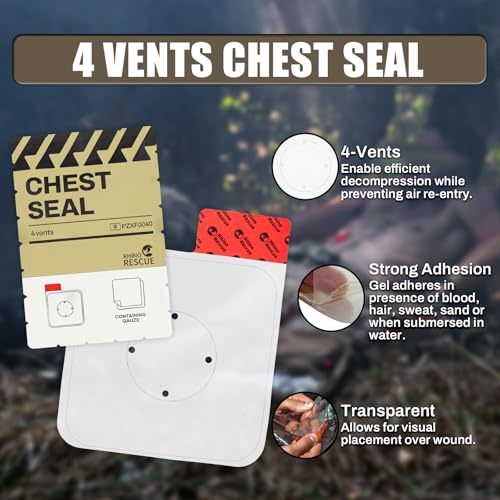 RHINO RESCUE Vented Chest Seal, 4 Vents, Sterile Emergency Trauma Dressing, Occlusive Adhesive Pad, IFAK Trauma Refill Med...