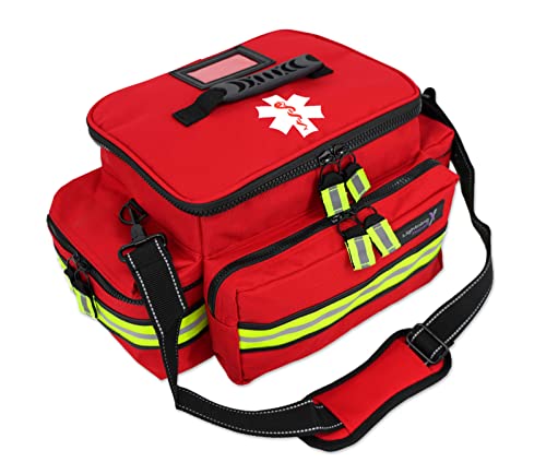 Lightning X Mid-Sized First Responder EMT Bag | LXMB25 | Fully Stocked w/ 240+ First Aid, EMS & Trauma Supplies - RED