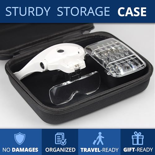 Vision Aid Magnifying Glasses with LED Light, 5 Lenses, Headband, Storage Case | Hands Free Lighted Head Mount Magnifier f...