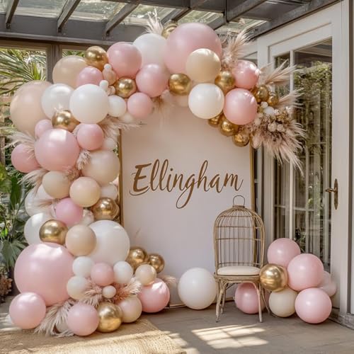 Pink Gold White Balloon Arch Kit, Pastel Light Pink and Beige Sand White Gold Chrome Balloon Garland Kit for Girls Women B...