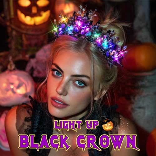 JAKAWIN Light Up Black Crown and Tiara Rhinestone Headpiece Halloween Costume Hair Accessories for Women