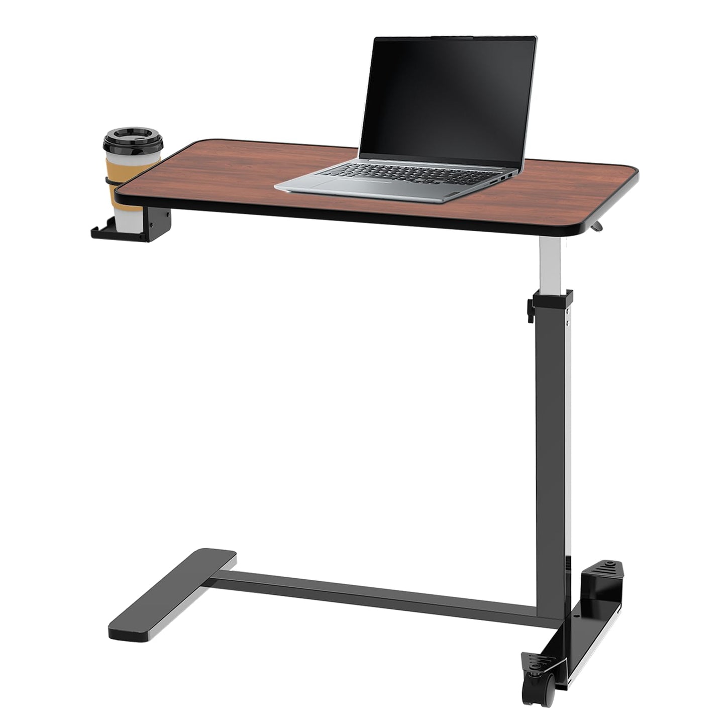 Loyoda Adjustable Overbed Table with Invisible and Lockable Wheels ，Bedside Table with Cup Holder，Standing Desk for Medical or Home use Rosewood Color（30.3" W x 15.3" D）