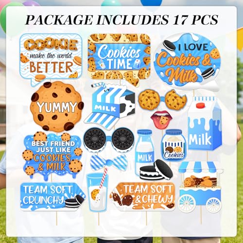 Cookies Milk Photo Booth Props, Sweet Cookie Theme Baby Shower Chocolate Birthday Decoration Tea Party Supplies 17Pcs Blue