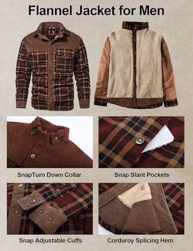 Flygo Men's Sherpa Lined Plaid Flannel Shirt Jacket Snap Button Warm Winter Jacket with Pockets