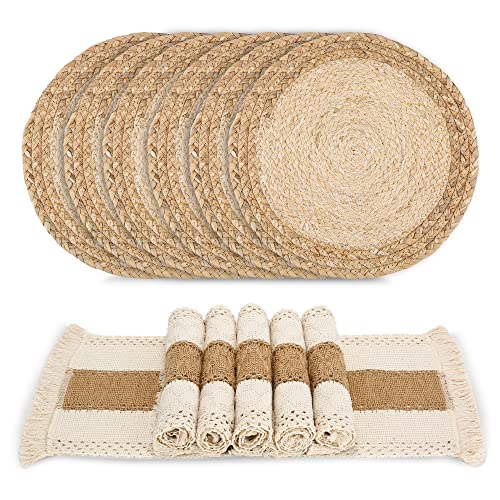 Zology Handmade Boho Placemats Set of 6 - Natural Cotton Burlap and Water Straw Woven Combination Table Mats, Macrame Déco...