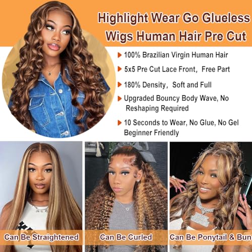 Highlight Ombre 5x5 Pre Plucked Pre Cut Lace Front Wigs Human Hair 4/27 Colored Bouncy Body Wave Lace Frontal Wig Honey Blonde Ombre Glueless 5x5 HD Lace Closure Wigs for Women 180 Density 18 Inch