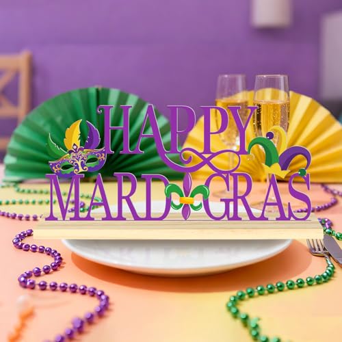 Happy Mardi Gras Metal Table Sign, Mardi Gras Table Decoration Centerpiece, Metal Letter Sign with Wooden Base, Holiday Ta...