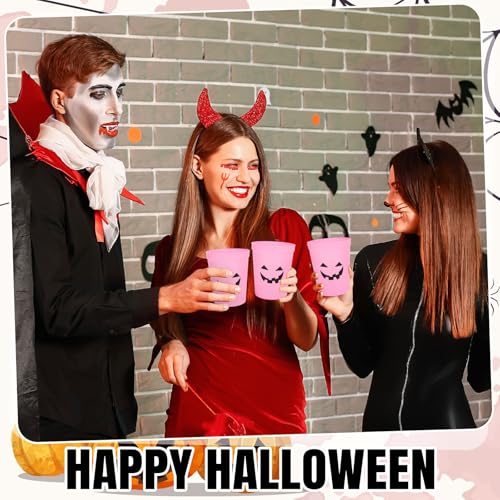 JarThenaAMCS 24 Pcs Halloween Pumpkin Plastic Cups Pink Funny Pumpkin Face Reusable Cups Trick or Treat Party Drinkware Su...