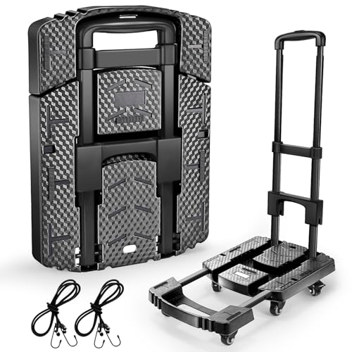 Voipvvii Folding Hand Truck 500lbs, Portable Heavy Duty Dolly Cart, 6 Wheels Collapsible Luggage Cart with 2 Elastic Ropes...